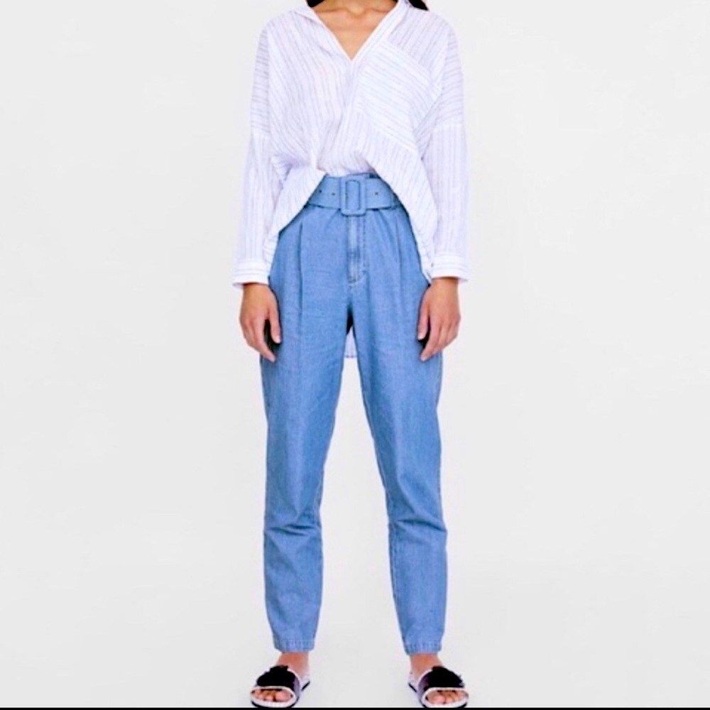 Zara High Waisted belted denim pants Small